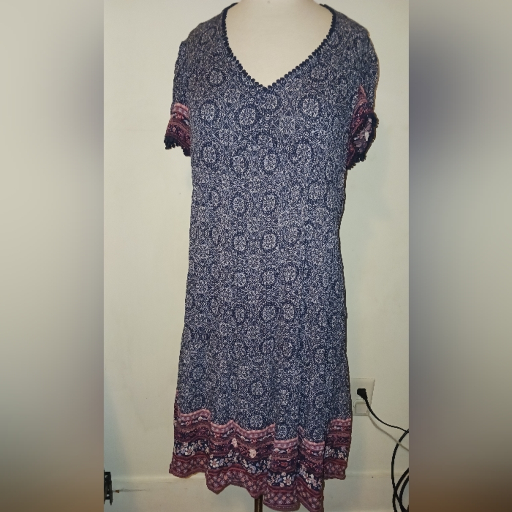 KNOX ROSE Paisley Dress Sz L Short Sleeve Pom Pom Trim Floral Geometric Boho